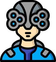 A man wearing a helmet with two controllers on his head vector