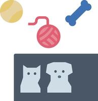 A dog and cat are sitting on a table with a ball, a dog bone, and a vector
