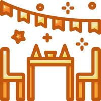 A table and chairs with a tablecloth and decorations vector