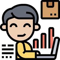 A man working on a laptop with a bar chart vector