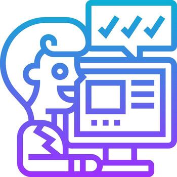 un hombre es mirando a un computadora pantalla con un cheque marca siguiente a eso vector