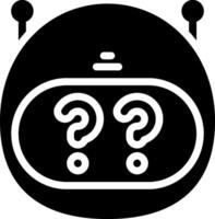 A black and white icon of a robot with question marks vector