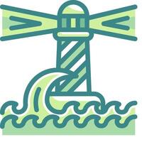 A green and white lighthouse with waves and windmill vector