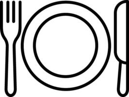 A black and white image of a plate, fork and knife vector