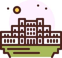 A building with a large roof and a moon in the sky vector