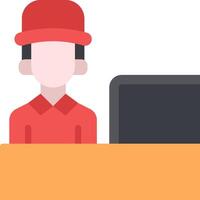 A man in a red hat is sitting at a desk with a computer vector