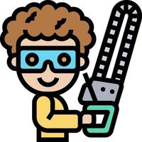 A cartoon boy with goggles holding a chainsaw vector