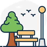 A park bench and tree with birds flying around it vector