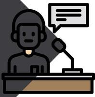 A person sitting at a desk with a microphone and speech bubble vector