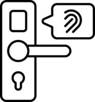 A black and white icon of a door with a speech bubble vector