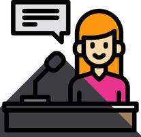 A woman is sitting at a desk with a microphone and speech bubble vector