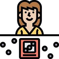 A woman is sitting at a desk with a computer vector