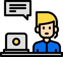 A man sitting at a desk with a laptop and a chat bubble vector