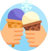 Two hands holding ice cream cones in front of a blue circle vector
