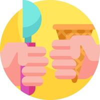 Two hands holding ice cream cones and forks vector