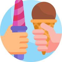 Two hands holding ice cream cones and one hand is holding a chocolate ice cream cone vector