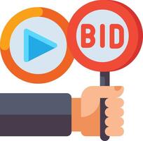 A hand holding a bid sign and a play button vector
