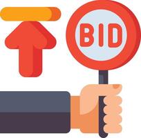 A hand holding a bid sign and an arrow pointing up vector