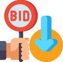 A hand holding a bid sign and a sign with an arrow pointing down vector