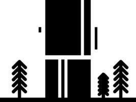 A black and white illustration of a tall building with trees vector
