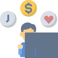 A man is looking at a computer screen with money and heart icons vector