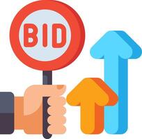 A hand holding a bid sign and an arrow pointing up vector