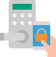 A hand holding a smartphone next to a door lock vector