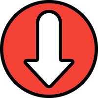 A red and white arrow pointing down in a circle vector