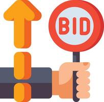 A hand holding a bid sign and an arrow pointing up vector