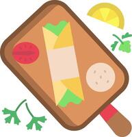 A cutting board with a sandwich and other food vector