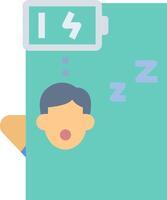 A man is sleeping with his eyes open and a battery icon on his head vector
