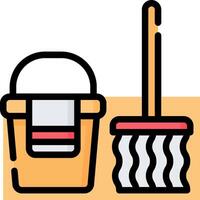 A bucket and broom are shown in a flat line vector
