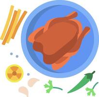 A chicken is sitting on a plate with vegetables and other ingredients vector