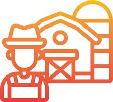 An orange and yellow icon of a man standing in front of a barn vector