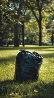 Garbage bag on green lawn. environmental pollution. cleanliness efforts. Park cleaning day. photo