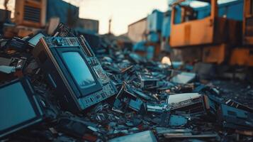 Massive pile of discarded electronics and circuit boards, highlighting e-waste. environmental issues photo