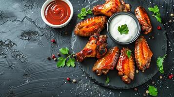 Hot and spicy BBQ chicken wings with dipping sauce on black slate plate, garnished with herbs photo