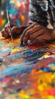 Close-up of a boy's hand painting a colorful abstract artwork on canvas showcasing creativity photo