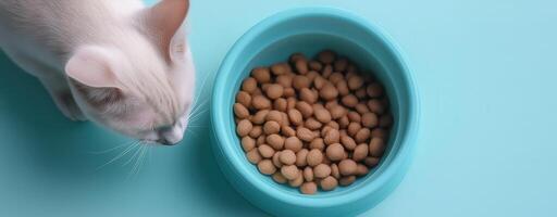 Cat eating kibble from a bowl on a blue background. top-down view showcasing healthy pet nutrition photo