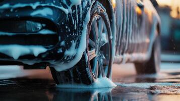Car being washed with foam soap close-up, highlighting luxury vehicle cleanliness and thoroughness photo