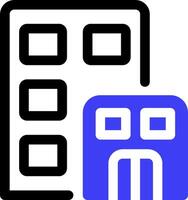 A blue and black icon with a building and a square vector