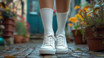 Close-up of white sneakers and knee-high socks on a cobblestone street with colorful flowers around photo