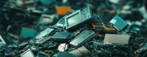 Massive pile of discarded electronics and circuit boards, highlighting e-waste. environmental issues photo
