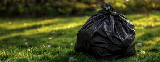 Garbage bag on green lawn. environmental pollution. cleanliness efforts. Park cleaning day. photo