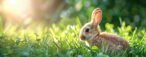 Cute little bunny sitting in green grass under bright sunlight looking away in a spring setting photo