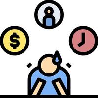 A person sitting in front of a computer with money, time, and other icons vector
