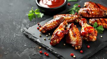 Hot and spicy BBQ chicken wings with dipping sauce on black slate plate, garnished with herbs photo