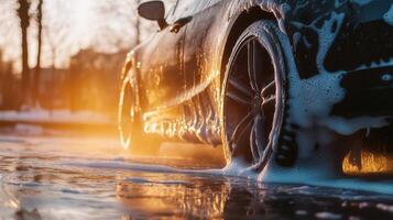 Car being washed with foam soap close-up, highlighting luxury vehicle cleanliness and thoroughness photo
