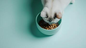 Cat eating kibble from a bowl on a blue background. top-down view showcasing healthy pet nutrition photo