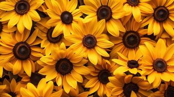 Yellow sunflowers in full bloom, tightly clustered together, vibrant and cheerful summer background photo